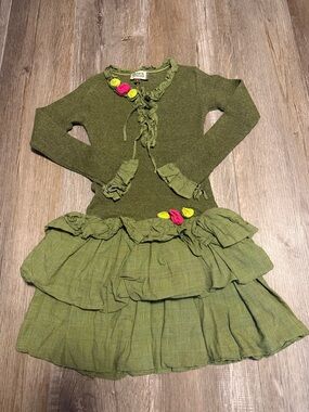 Sophie Catalou Olive Green Ruffled Tiered Dress with Floral Accents